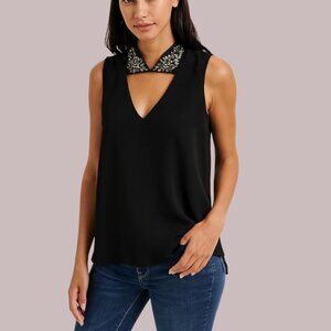 BCBGMaxAzria triacetate blend size Medium Black Top with Embellished Neckline